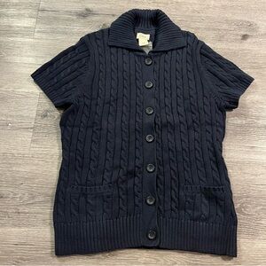 LL Bean Navy Blue Women’s Short Sleeve Cable Knit Button Down Sweater Large